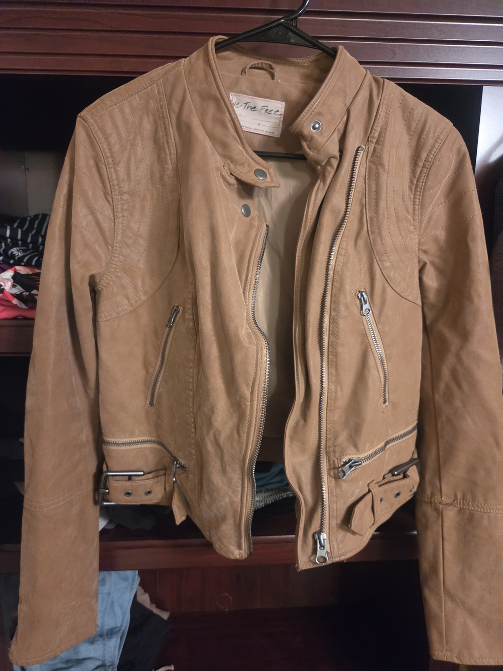 Free People Tan Leather Moto Jacket with Asymmetrical Zip